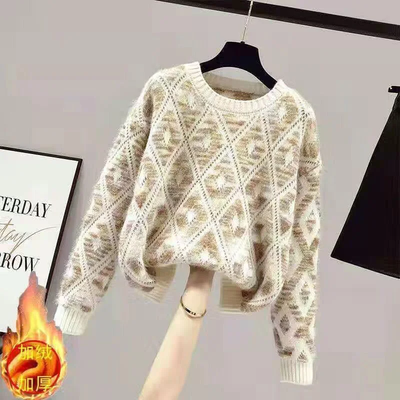 New Fleece Thick Warm Sweater Coat Female Autumn Winter Loose Pullover Sweaters Fashion Knitted Bottoming Shirt Women's Clothing