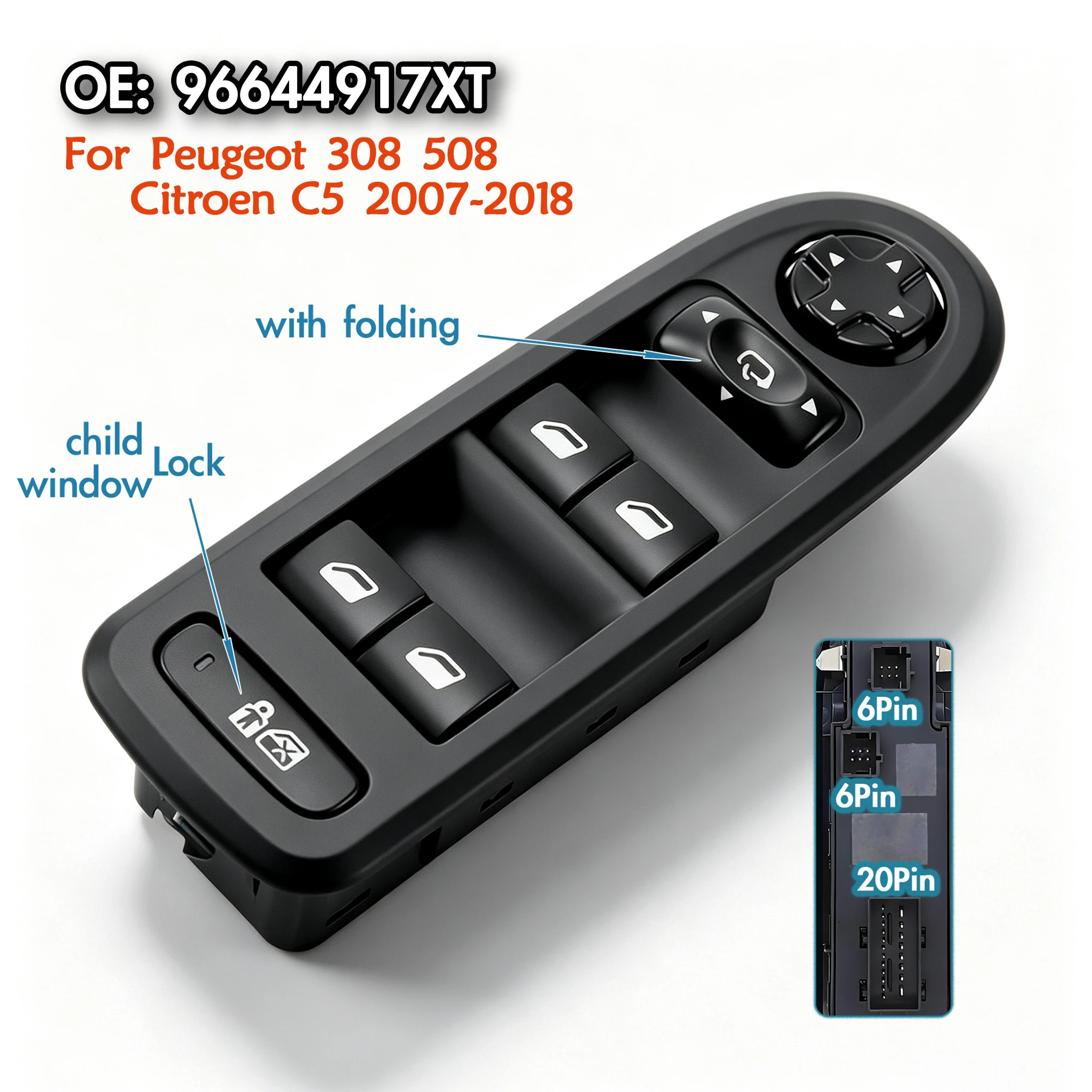 96644917XT For Peugeot 308 508 Citroen C5 2007-2018,Driver Side Electric Power Lifter Window Control Switch Glass Lifter Button