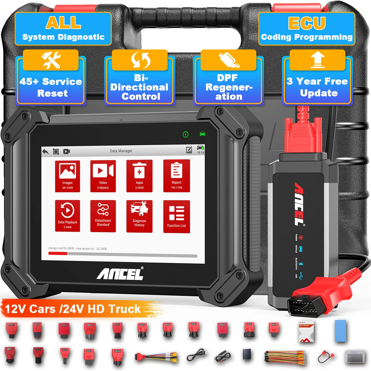 Automotive OBD2 Truck Scanner Full System Diagnostic Tool ANCEL V6 Pro+ HD 40+Reset ECU Coding FCA Autoauth For 12V 24V Car