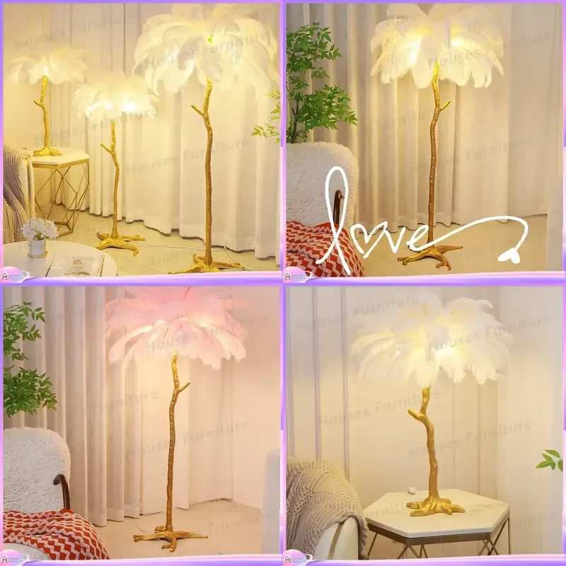 For Feather Floor Lamp Living Room Bedroom Bedside Standing Light Ostrich Hair Ambient Lighting Decor for Home Studio Live