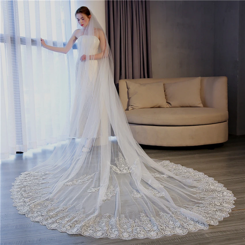 NEW Long Exquisite Appliqué Bridal Veil High end Cathedral Wedding Veil with Metal Comb 3.5M Bride Veil