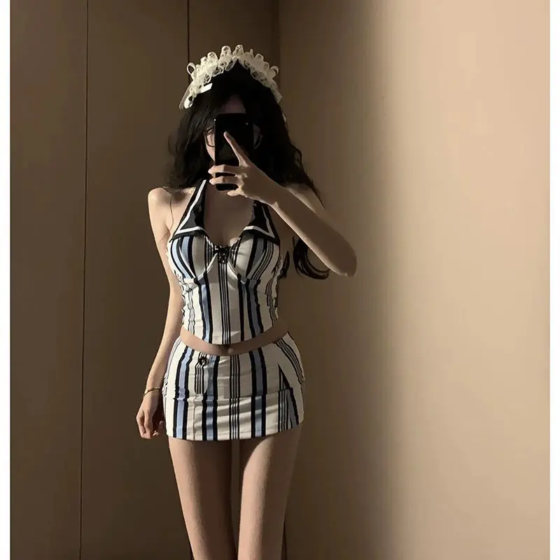 American style spicy girl V-neck retro striped bikini three piece set sexy and trendy women's hot spring vacation swimsuit
