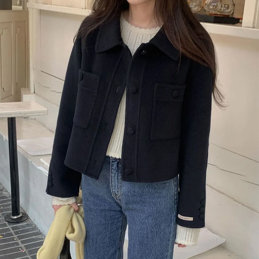 Korean Chic Autumn Winter Woolen Jacket Coat with Pocket Single Button Simple Match All Seasons Straight Tube Commute Style