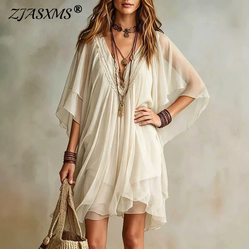 Damen Neues V-Ausschnitt Spitzen-Partykleid Böhmisches Einfarbiges Fließendes Kleid mit Unregelmäßigem Saum Sommer Fledermausärmel Lockeres Strand-Urlaubskleid