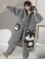 Pyjama Volwassen Verdikte Warme Cartoon Schattig Geborduurd Herfst En Winter Koraal Gewatteerd Plus Fluwelen Nachtjapon Lang Homewear Pak