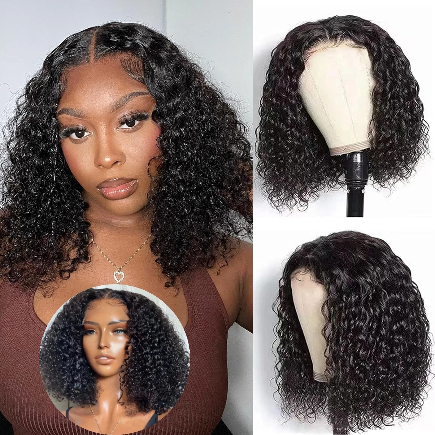 CCollege Short Bob Wigs Deep Wave Human Hair Deep Curly 100% Real Hair Pre Plucked Wet and Wavy 4x4 Closure Lace Front Wig