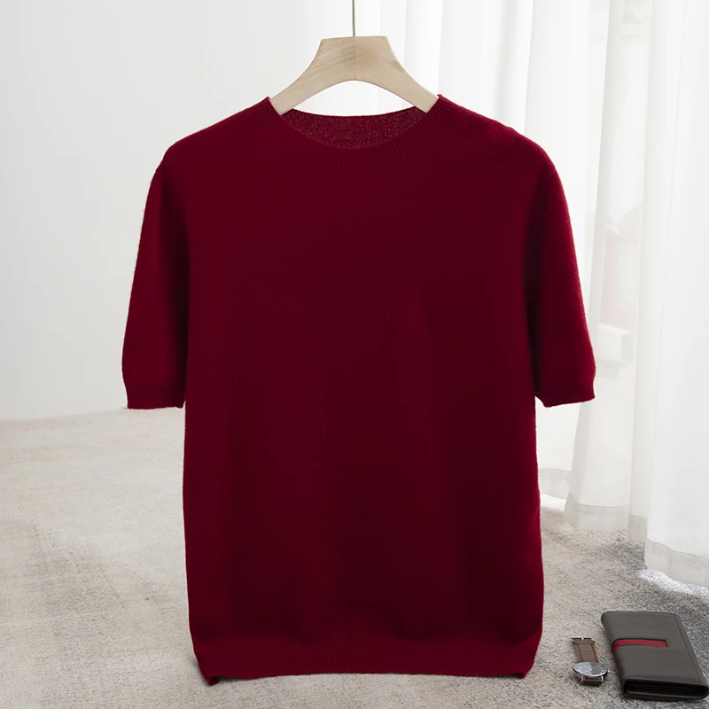 Autumn and winter new men's short sleeve loose casual sweater 100% pure wool top.