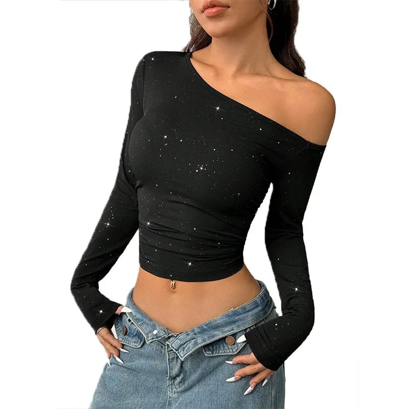 Fitted Long Sleeve Top Elegant with No Iron Finish for Women Daily Party Spring Autumn Date Off Shoulder Long Sleeve T Shirt