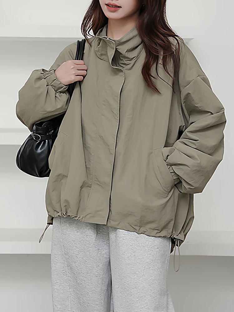 

Women's Loose Fit Windbreaker Coat Korean Design Retractable Hem Waterproof Faion Outerwear Commute Sle Zipper Splice