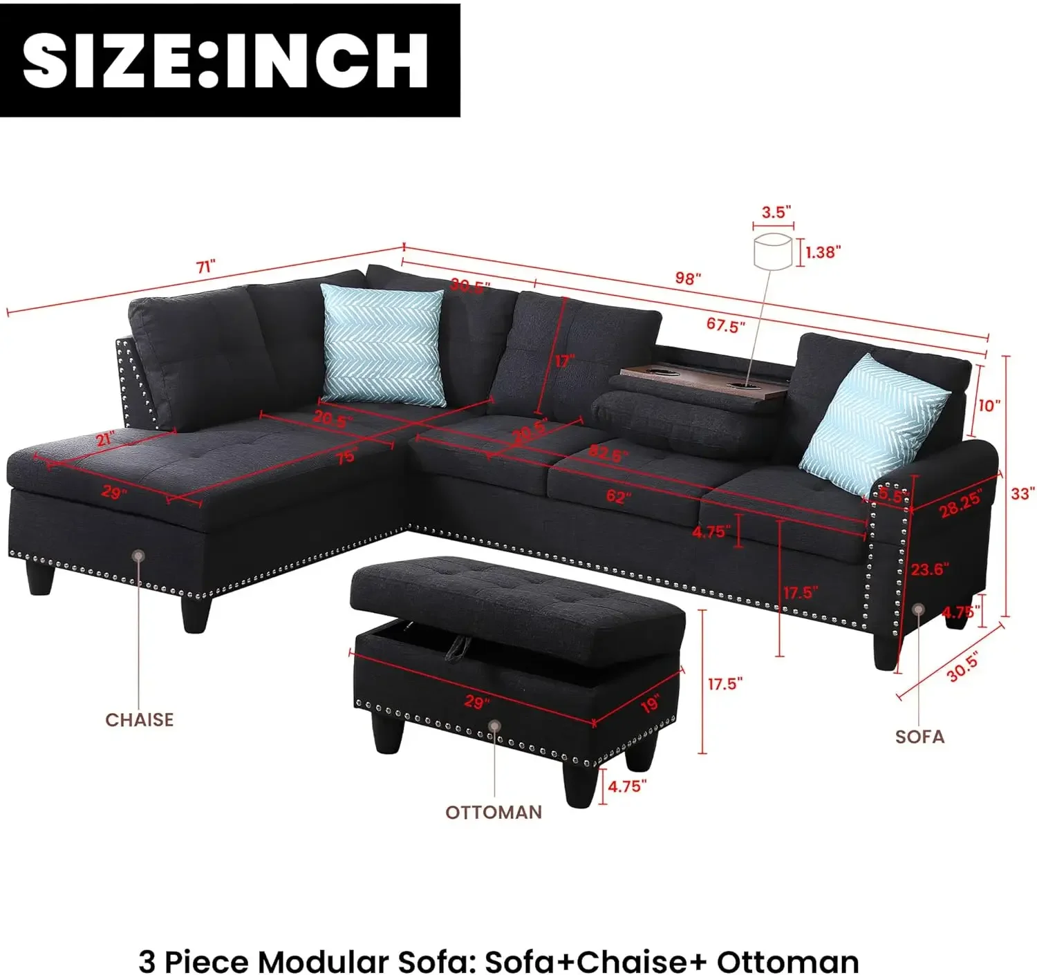 Sofa Upholstered Modular Couch with Cup Holder, 29