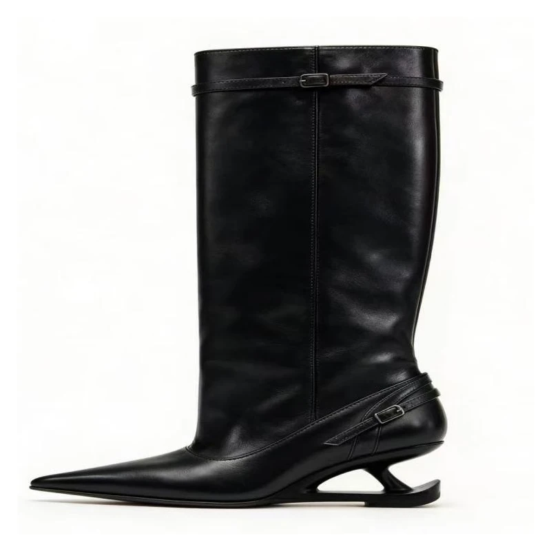 Black Pointed Toe Unique Hollow Shaped Heel Knee High Boots Buckle Strap Long Boots Fashion Woman Tall Boots Party Footwear