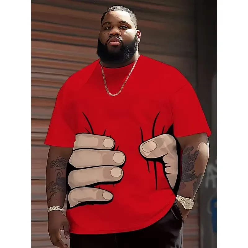 3D Digital Print Men's Funny Hand Grab Belly T-Shirt Red Novelty Humor Hip Hop Crew Neck Short Sleeve Top 2026 Casual