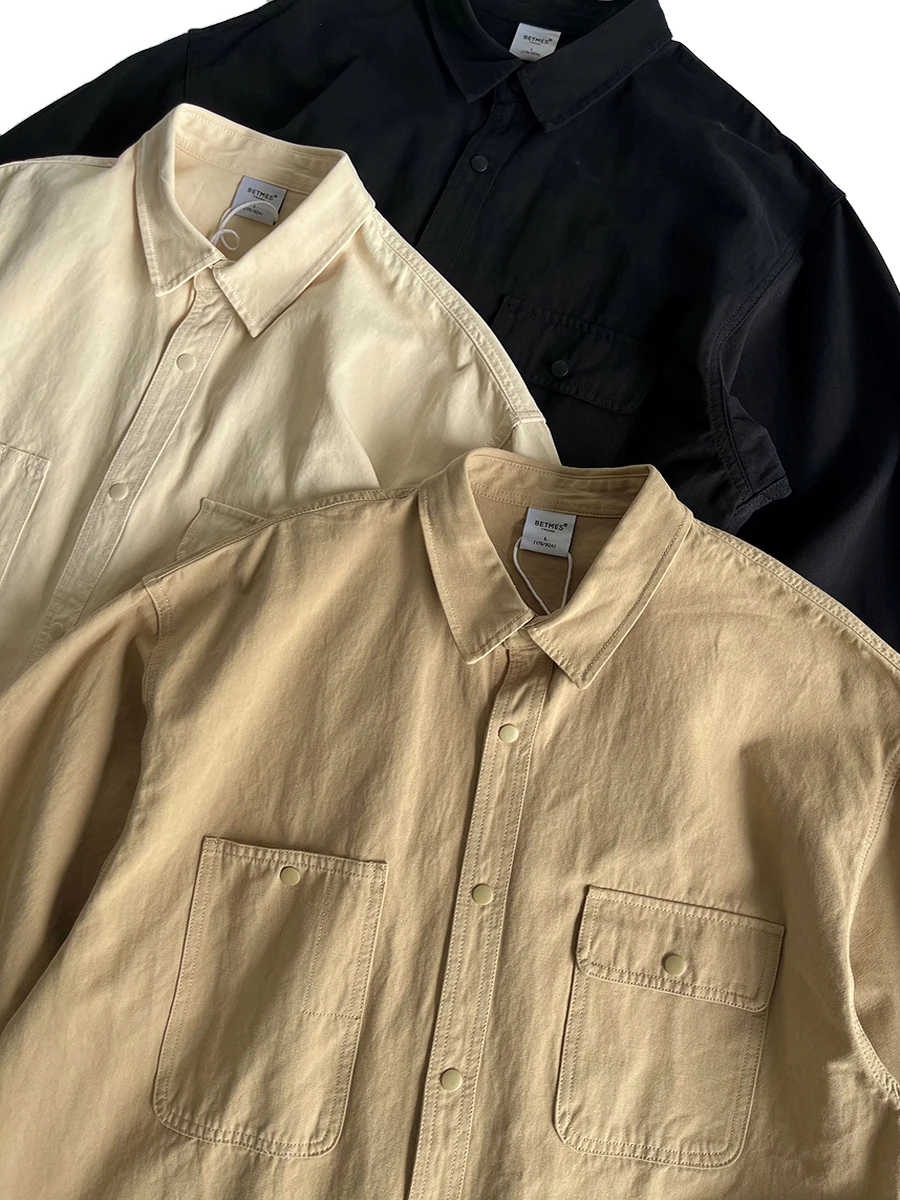 

Retro Cotton Work irt Men's Loose Long Sve ket Design Faionable Autumn Outerwear Classic Sle Cleanfit Youth Trend