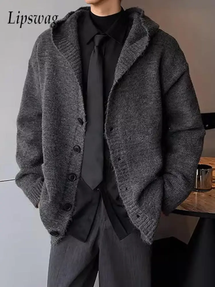 

Casual Solid Color Hooded Cardigans Men 2026 Spring Autumn Vintage Button-up Sweater Jackets Mens Stylish Knitting Sweatercoats