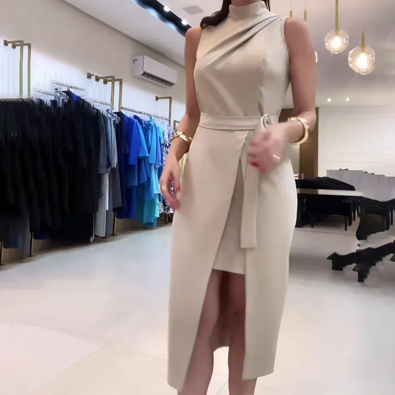 Bodycon Dress Women 2024 Summer Elegant Solid Temperament Fashion Stand Neck Lace Up Pleated Slit Slim High Waist Midi Dress