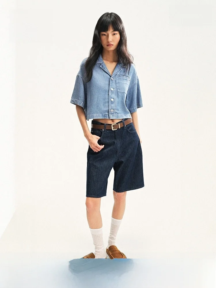 

H&M Women's Soft Denim irt Faionable Commute Spring Casual Sle Cotton Blend ort Sve Flip Collar Pure Color