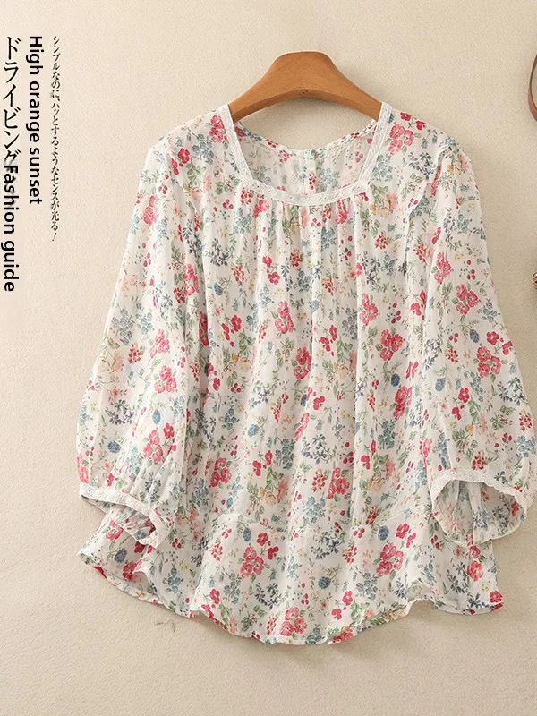 

Floral Print Cotton Linen Shirt Women's One-Shoulder Loose Fit Summer Casual Top Large Size Office Wear round Neck Short Sleeve