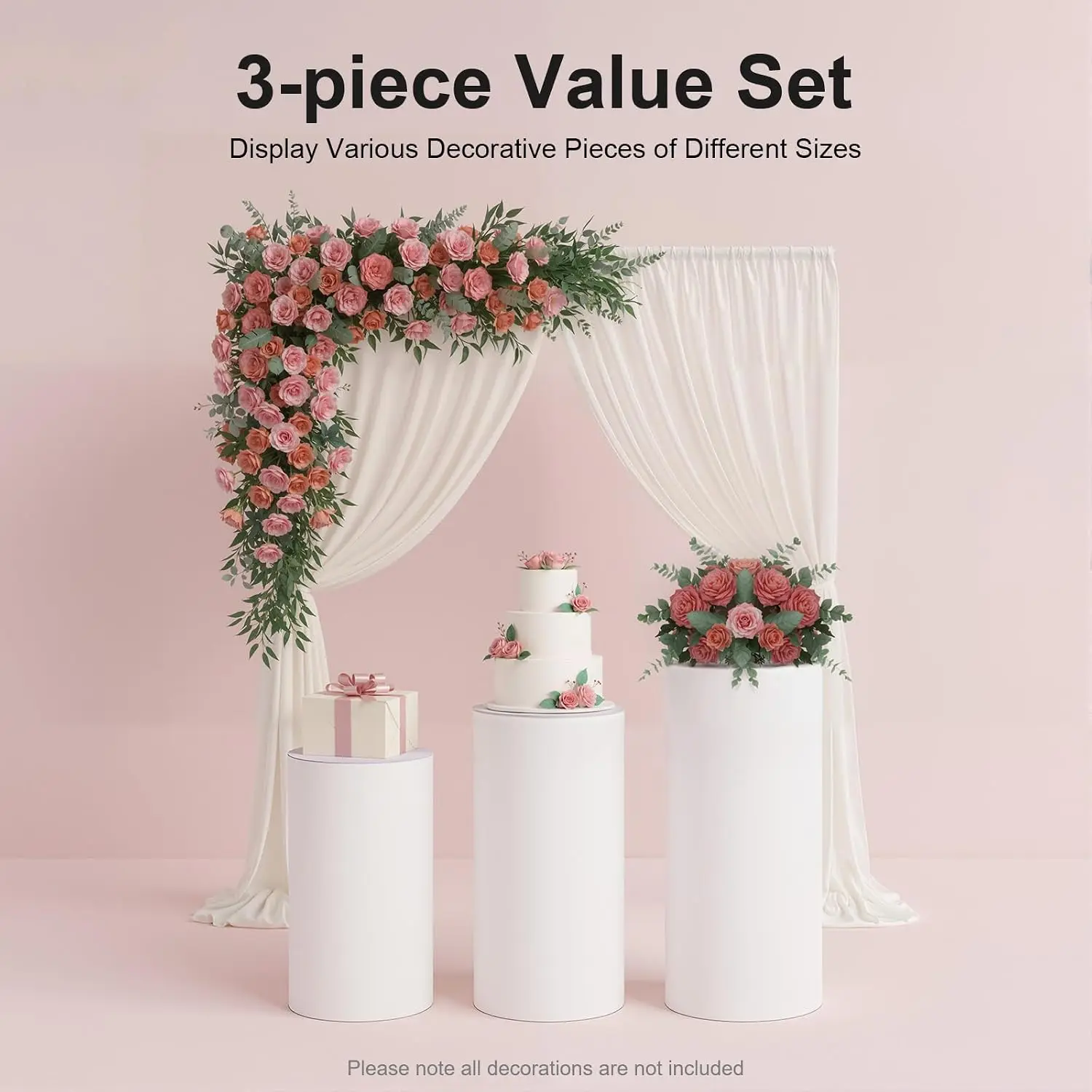 White PVC Cake Stand Set of 3, Free-Standing Cylinder Pedestal Stands, Cake Pedestal Decoration for Party Display and Birthday Events, 35.4 in (L), 29.5 in (M), 23.6 in (S)