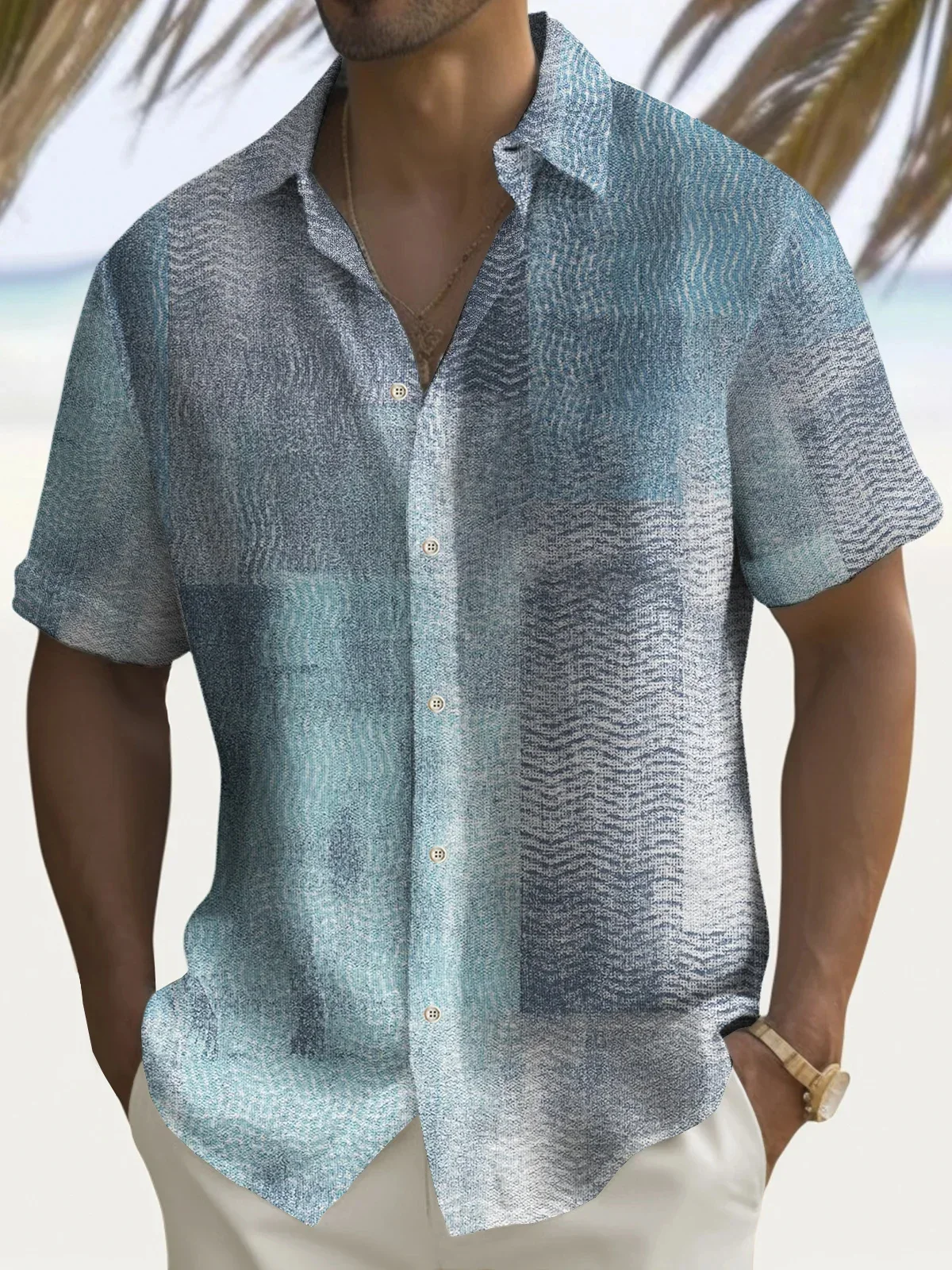 Men's Summer Linen Short-sleeved Lapel Button Shirt Men's Simple Retro Gradient Textured 3D Printed Shirt Hawaiian Shirt