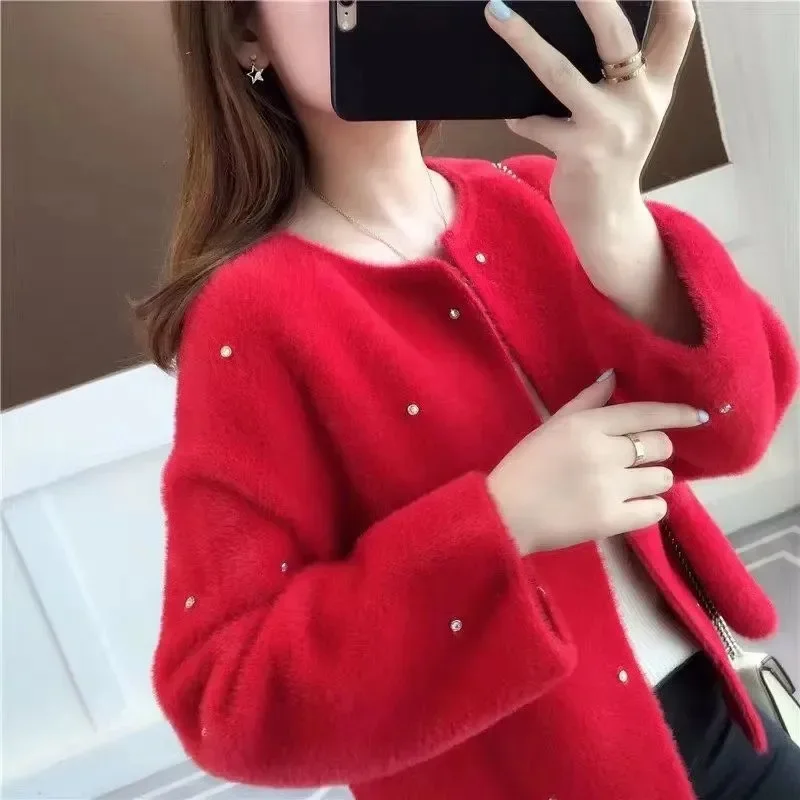 Knitting Shirt Female Cardigan Imitation Mink Fleece Women's Sweater New Spring Autumn Coat Korean Version Loose Wild   Jacket