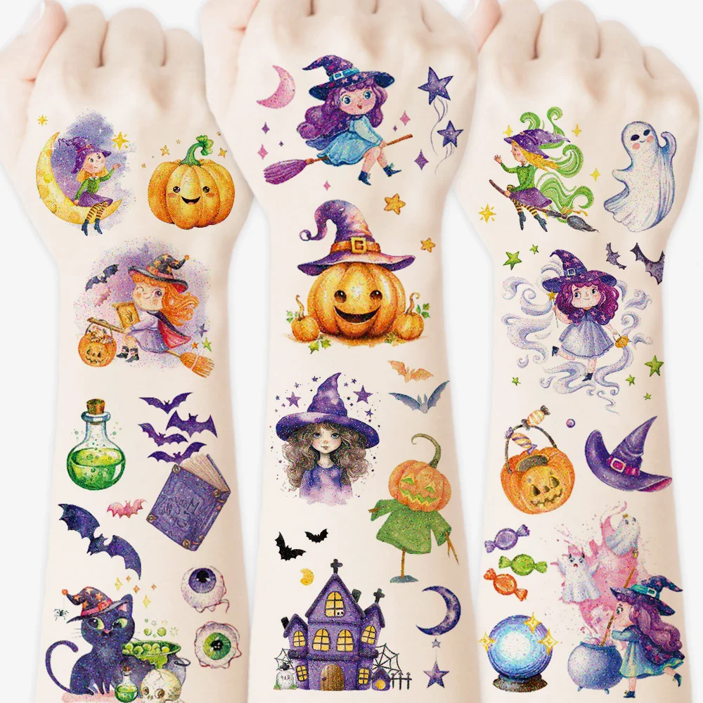 12 Sheets Glitter Halloween Temporary Tattoo Stickers Waterproof Witch Pumpkin Ghost Fake Tattoos for Party Decor Gift