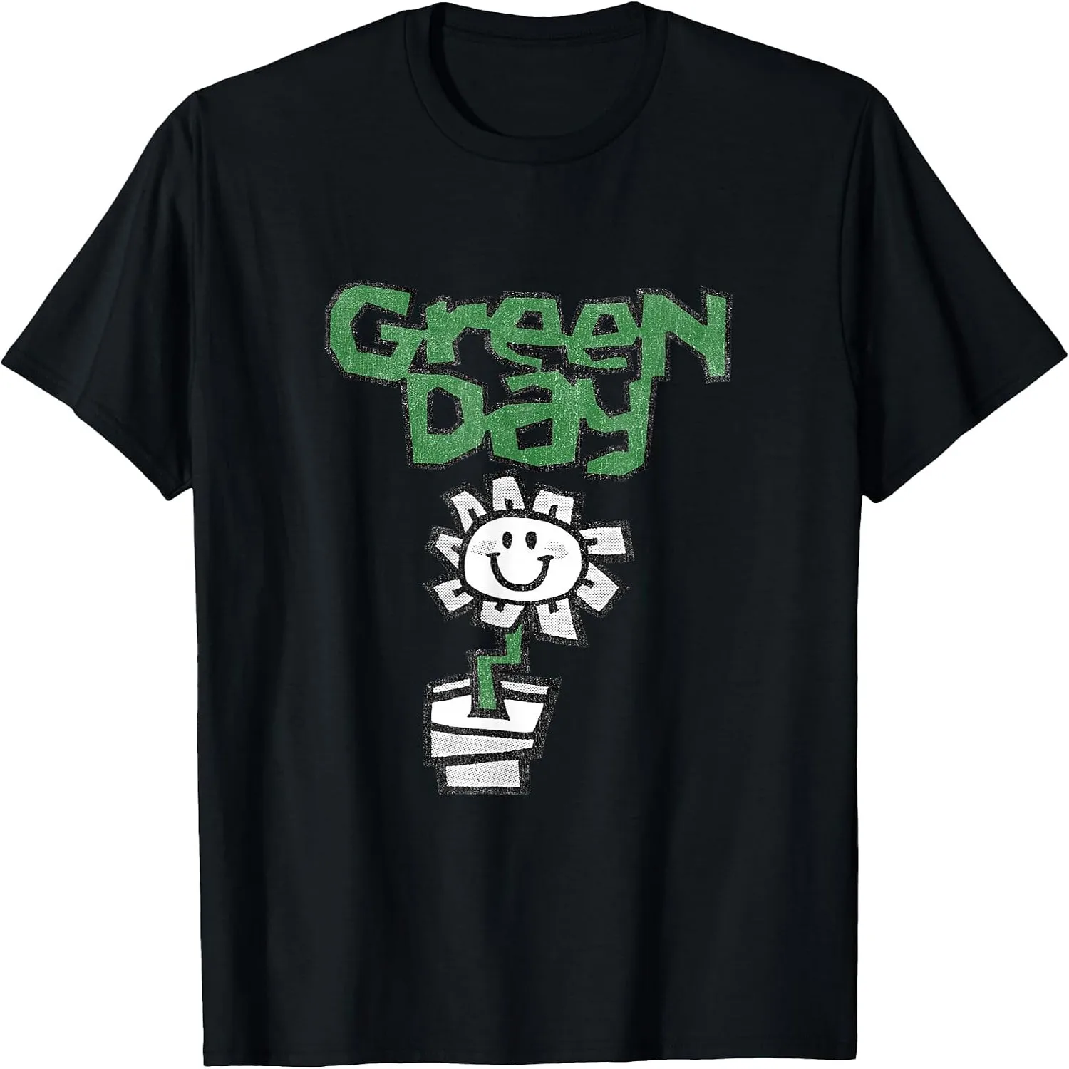 Green Day Vintage Distressed Smiley Flower Pot Punk Rock Band T-Shirt
