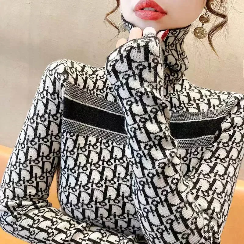 Women Clothing Letter Jacquard Knitted Pullovers Autumn Winter Fashion Vintage Turtleneck Sweaters Comfortable Soft Wool Tops