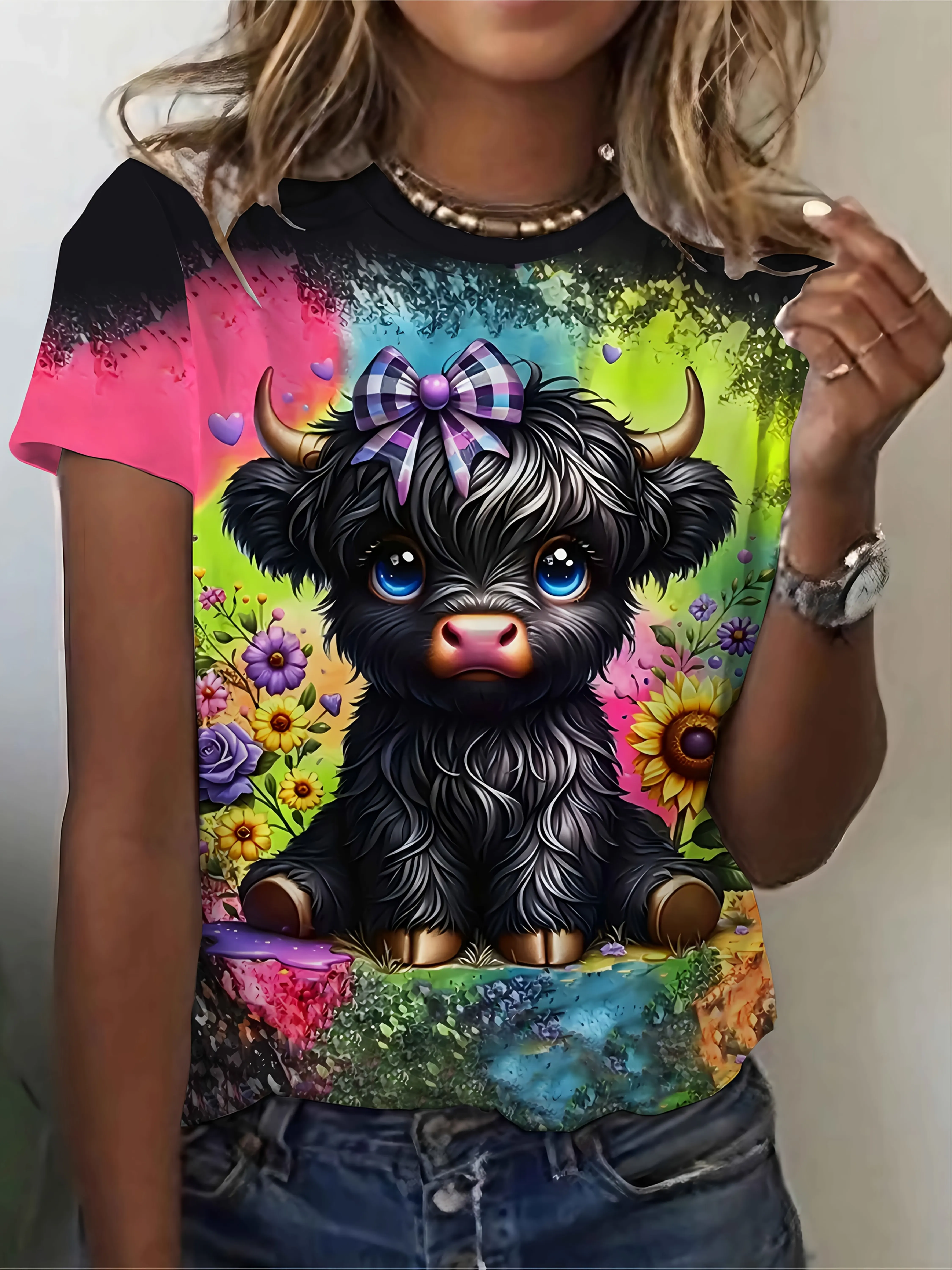 Women T‑Shirt Cute Highland Cow With Bow Colorful Flower Rainbow Gradient Print Short Sleeve Crew Neck Casual Summer Tops