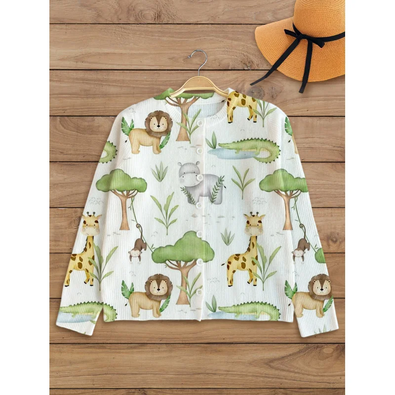 

Лесной стиль, сладкий лев, лев, жираф, свитер с цифровым принтом для девочек, кардиган, утолщенный, свободный, с круглым вырезом, с длинными рукавами, на пуговицах, осень