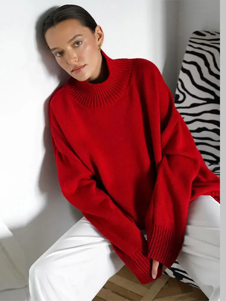 Women's Turtleneck Oversize Cashmere Sweaters Vintage Long Sleeve Knitted Red Brown Sweater Pullover 2024 New All-match Knitwear