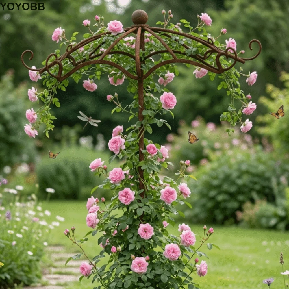 Retro Rusted Umbrella Shape Plant Support Pile Prevent Tipping Over Weather-Resistant Bonsai Fixing Rod Detachable Iron