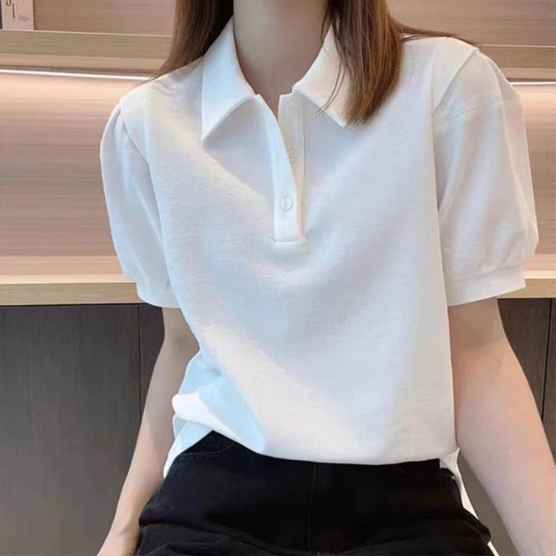 2023 Summer New Solid Color POLO Collar Button Puff Sleeve T-shirt Women Fashion Elegant Sweet Pullovers Ladies Comfortable Tops