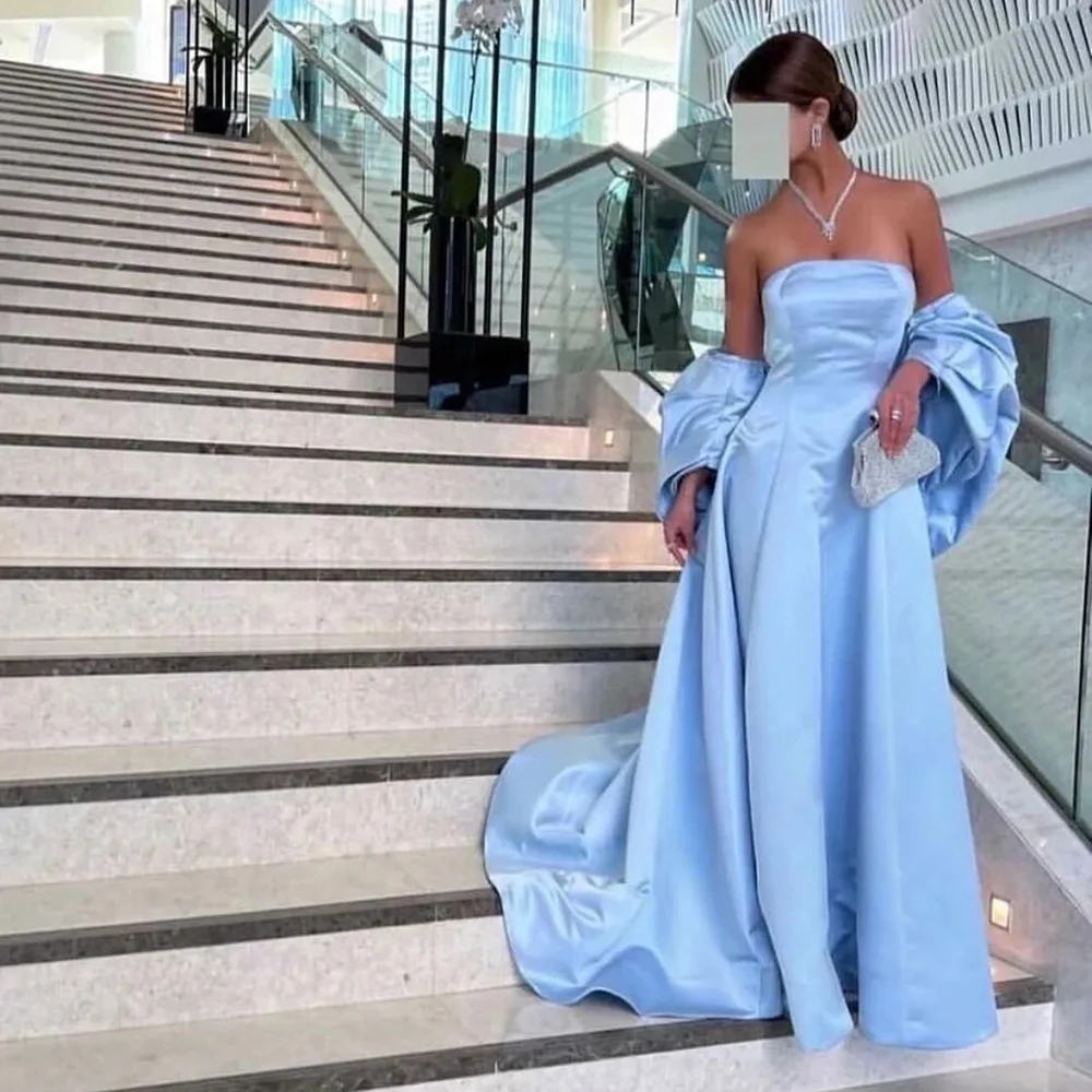 Customized Sexy Zipper Back Prom Gowns Sky Blue Satin A Line Long Elegant Evening Dresses Strapless backless Sweep Train Formal 