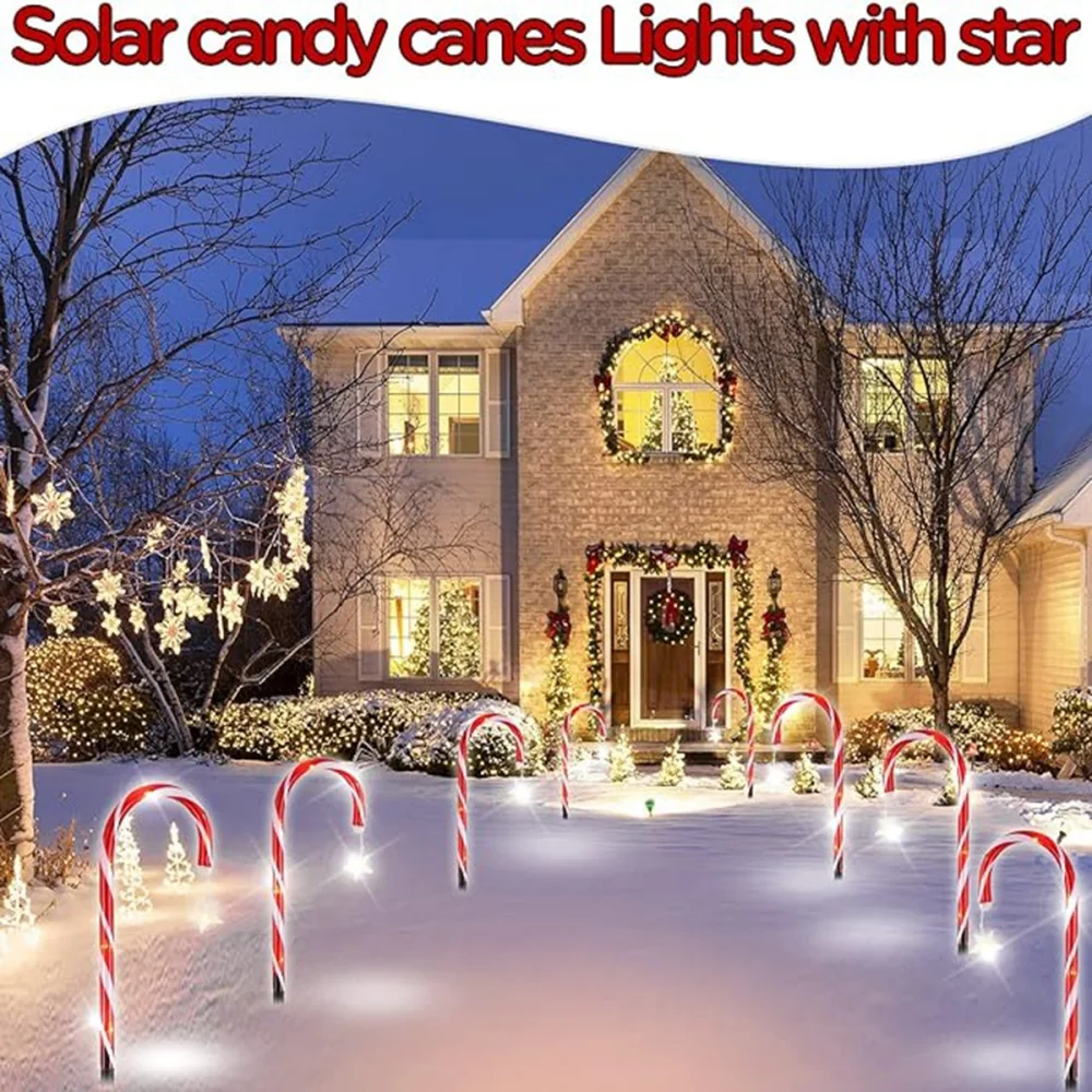 5/8PCS Red Solar Christmas Star Candy Cane Lights LED Garden Stake Lamps Creative Outdoor Lights for Yard Patio Lawn Decor