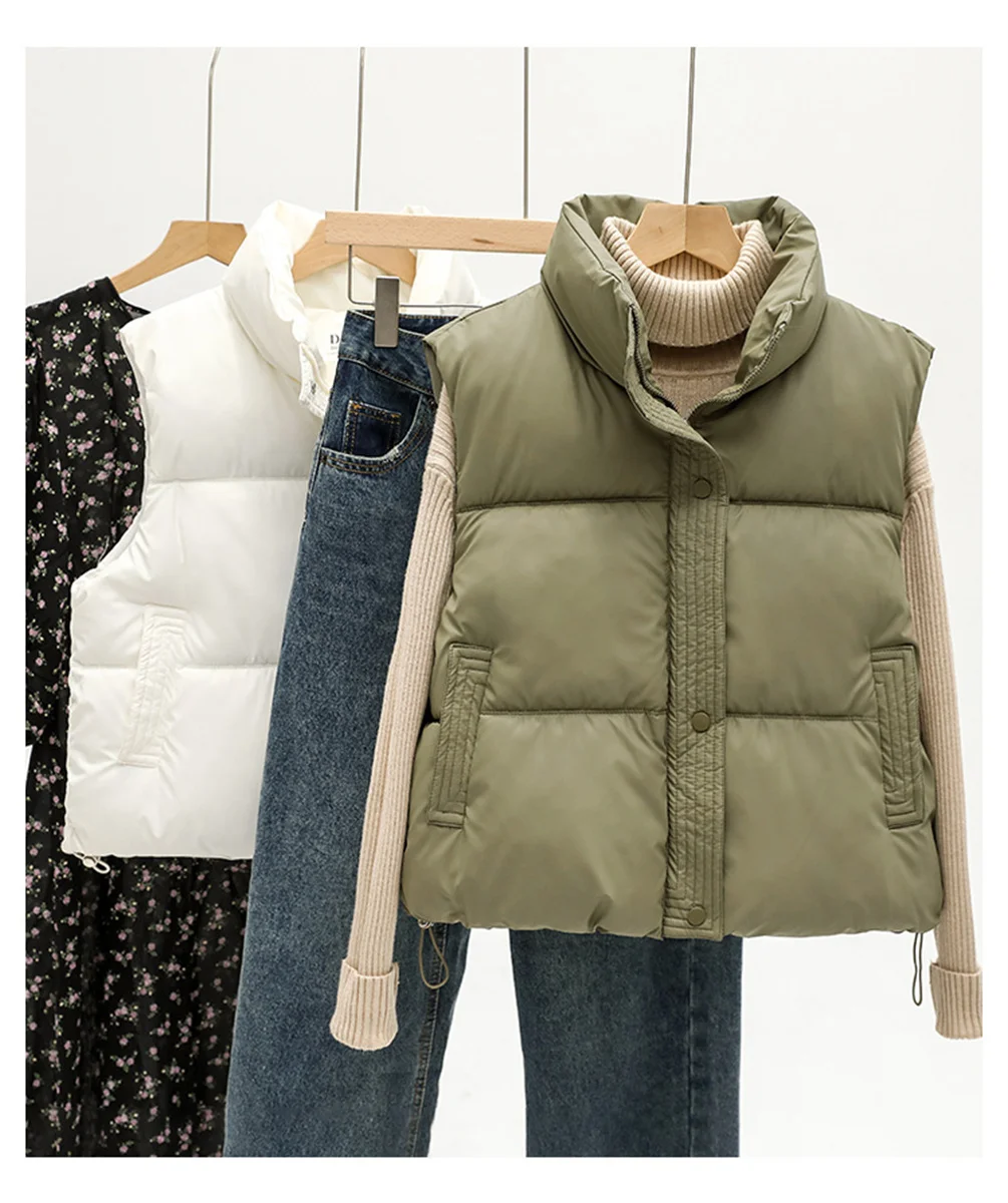 

Winter Short Down Sleeveless Vest Women Warm Stand Collar Zipper Jacket Casual Fashion Quilted Cropped Coats Street Outerwears