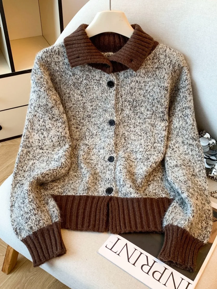 Thiened High Collar Knitted Sweater Coat Women's Autumn Winter Faion Retro Color Blo  Collar Long Sve Knitwear