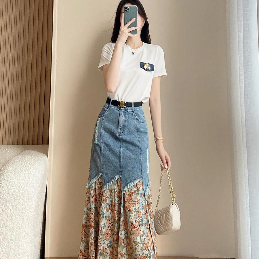 Flare Woman Denim Skirt Sweetsweet Midi Jeans Skirts for Women Modest Korean Style Streetwear Stylish Harajuku Vintage V Y2k