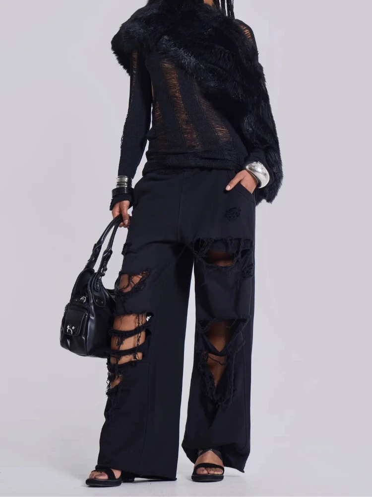 Deeptown Hole Black Women Pants Wide Leg American Retro Hip Hop Solid Sweatpants Distressed Baggy Monster Joggers Streetwear