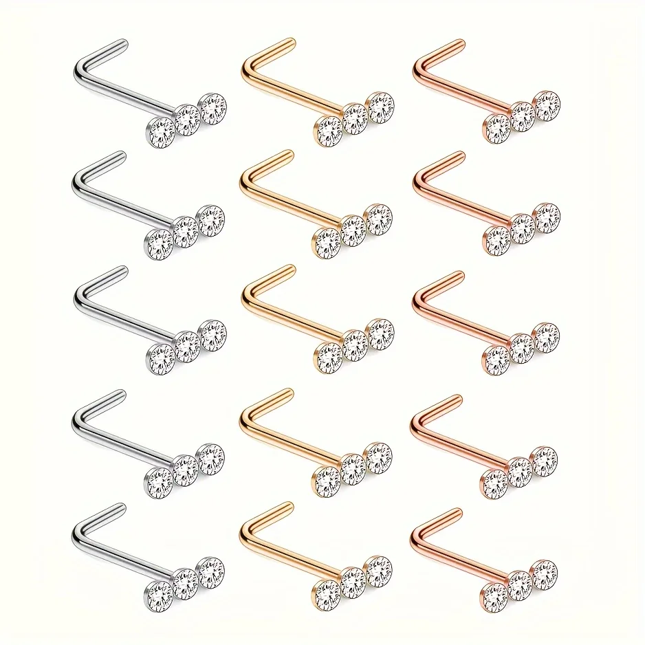 5pcs Punk Style Stainless Steel Inlaid Cubic Zircon L-shaped Nose Studs Piercing Jewelry For Women Silvery/Golden/RG