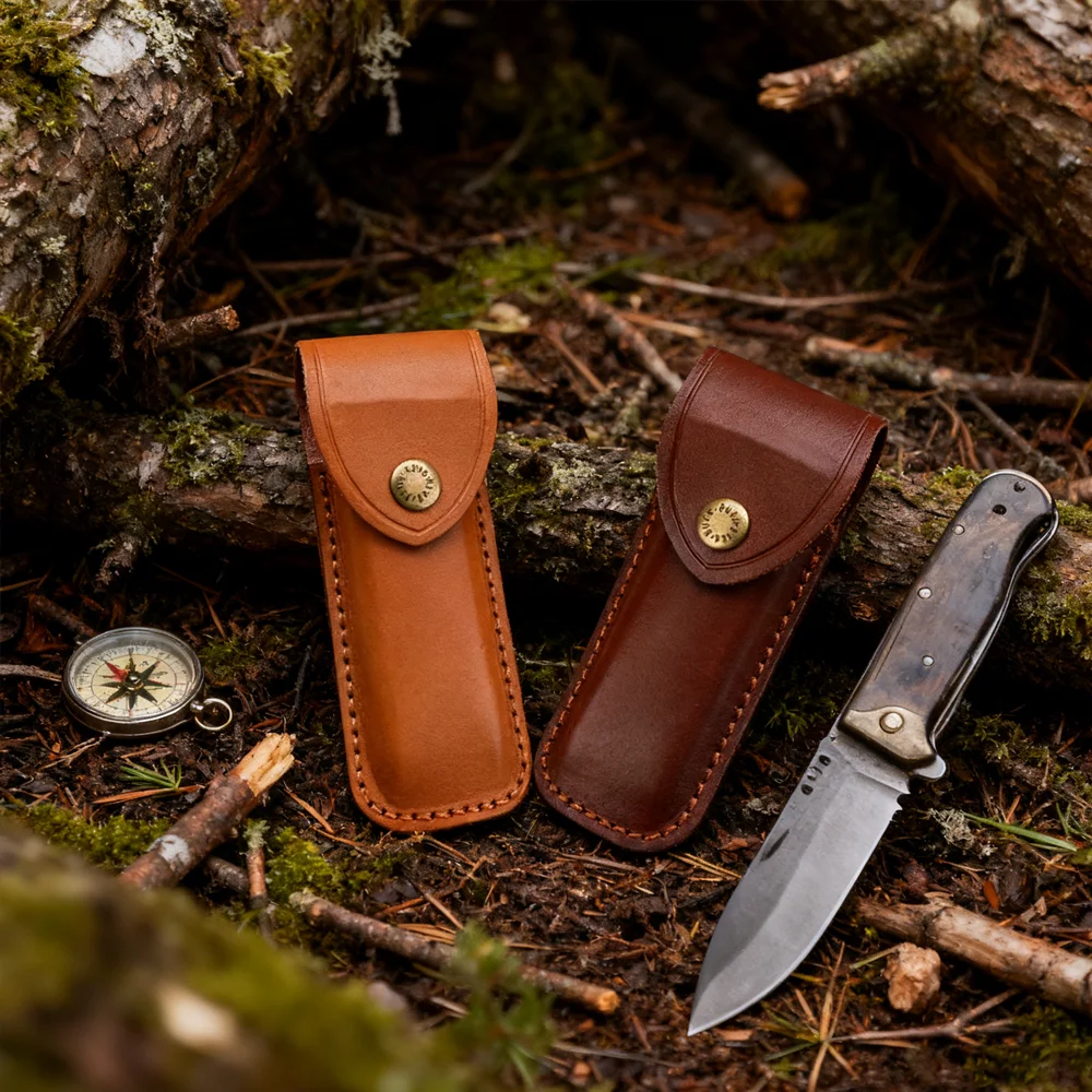 Genuine Cowhide Leather Knife Sheath, Snap‑Button Closure Durable Protective Holster Cover for Folding Knives Tool Accessory