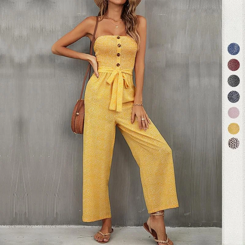 

Women's Dstring Strapl Jumpsuit High Waist Long Pants Thin Spring Polyester Fiber Ladies Suits Casual Wear