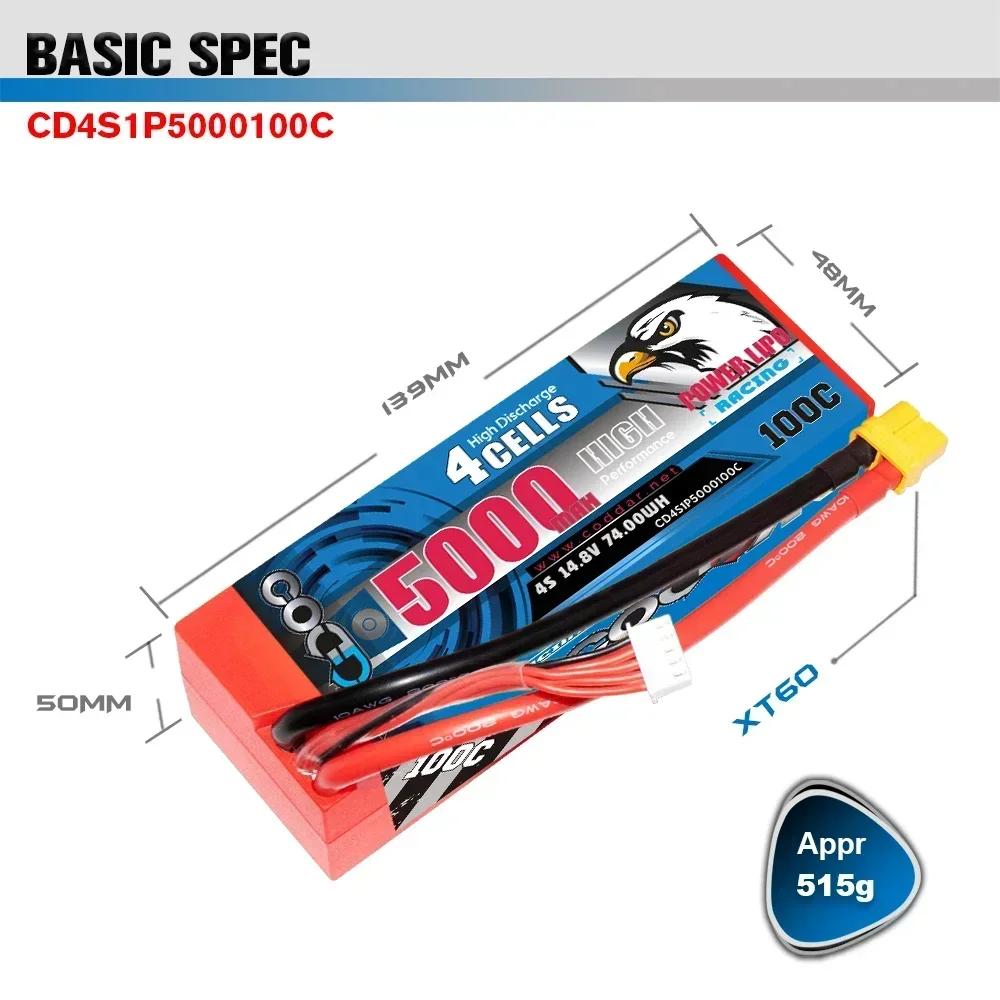 CODDAR 14.8V 4S LiPo แบตเตอรี่ 100C 5000mAh สําหรับ RC รถบรรทุกรถถัง Buggy Truggy Racing เรือรุ่น HardCase พร้อม XT60 XT90