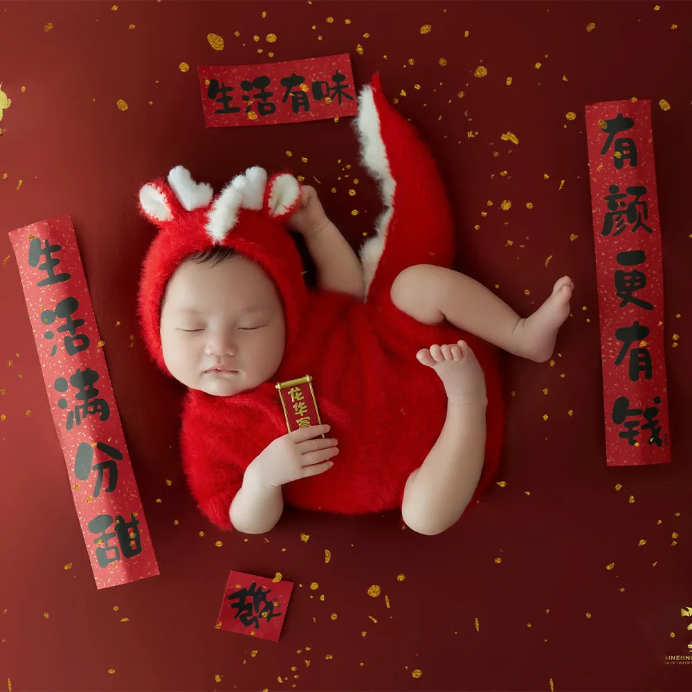 Traje de dragão tricotado com cauda, roupas fotográficas recém-nascidas, roupas de primavera com tema de ano novo, chinês