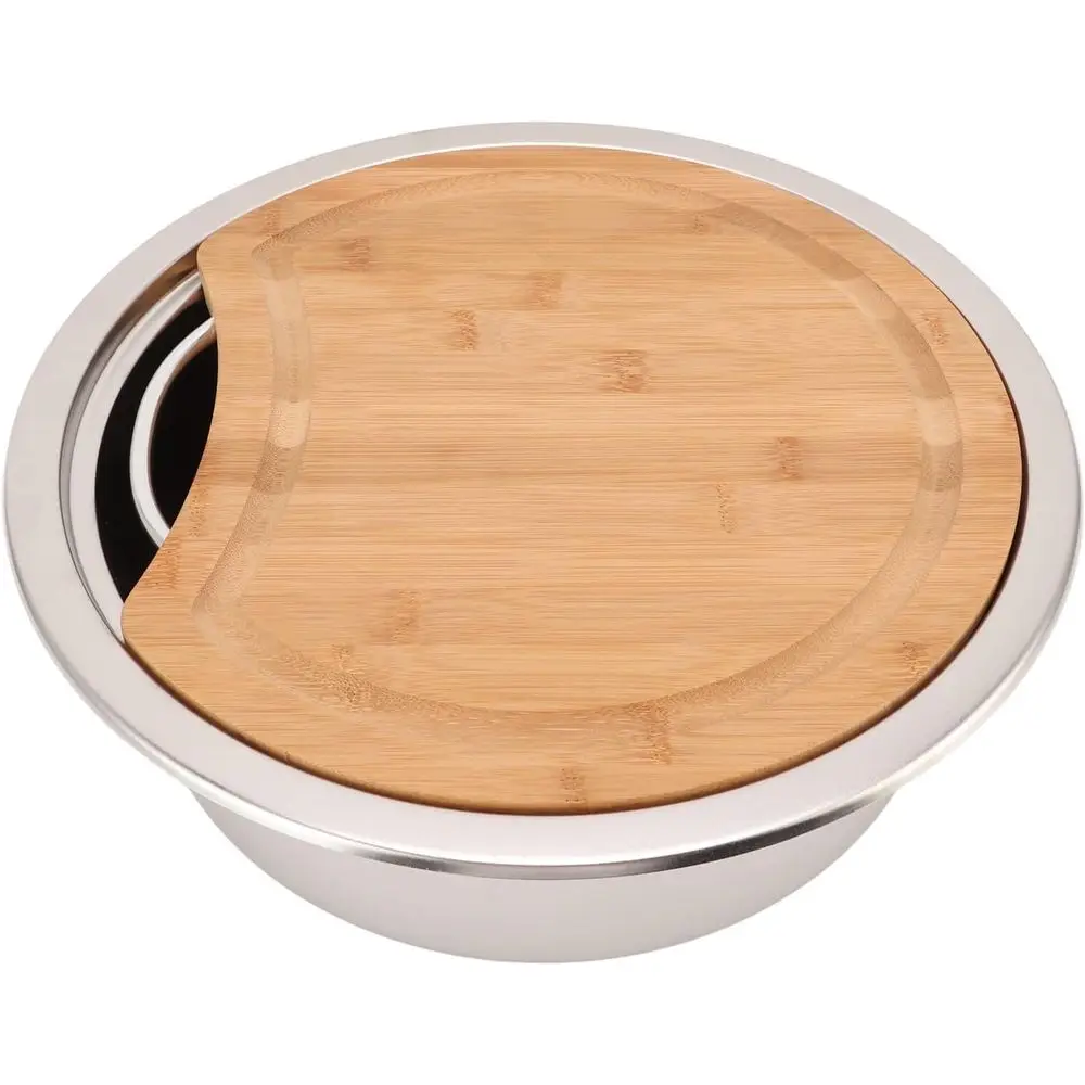 x120mm/14.17x4.72in RV 304 roestvrijstalen spoelbak ronde wastafel spoelbak met bamboe hakblok voor boot