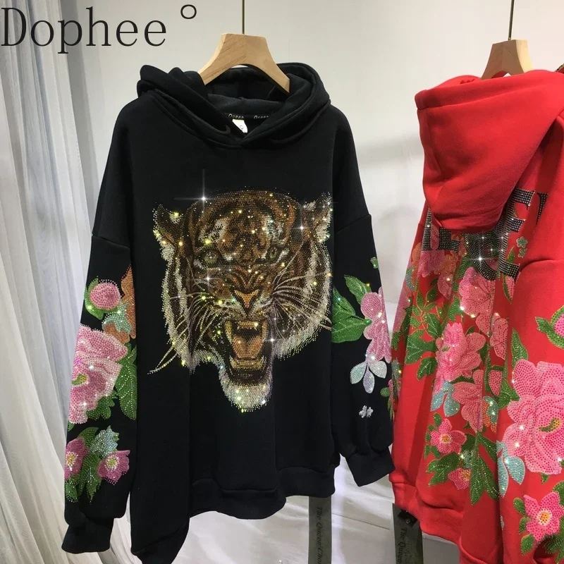 Thicken Fleece Sweatshirt Women Autumn Winter Mighty Tiger Hot Drilling Hooded Pullover Top Streetwear Mid-long Loose Hoodies