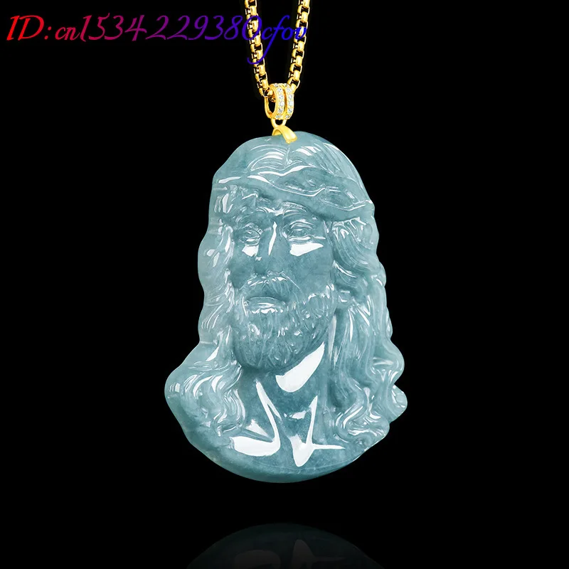 Natural Real Emerald Blue Water Priest Pendant Myanmar Jadeite Necklace Jewelry Charm Designer Luxury Vintage Talismans Gifts