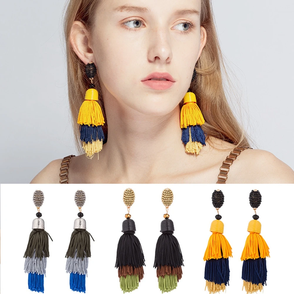 1 Pair Bohemian Three-layer Tassel Pierced Dangle Earrings for Women Girls Exaggeration Seed Beads Long Big Drop Earring Jewelry