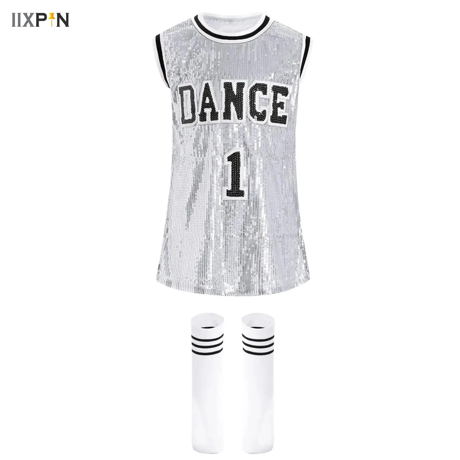 

Girls Sequins Cheerleading Uniform Cheer Dress with Socks Set for Jazz Modern Street Dance Hip-Hop Performances Costumes