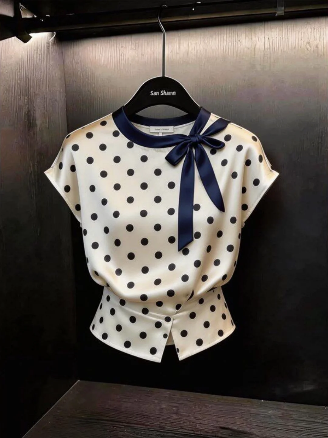 Sweet Polka Dot Short Sleeve T-Shirt Women's Summer New Style Gentle Atmosphere  Knot Top French Style Loose Fit