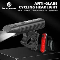 WEST BIKING Anti-Glare Bicycle Headlights 1300 Lumen Bike Light IPX6 Waterproof Type-C Charging Bike Front Light Lamp Flashlight